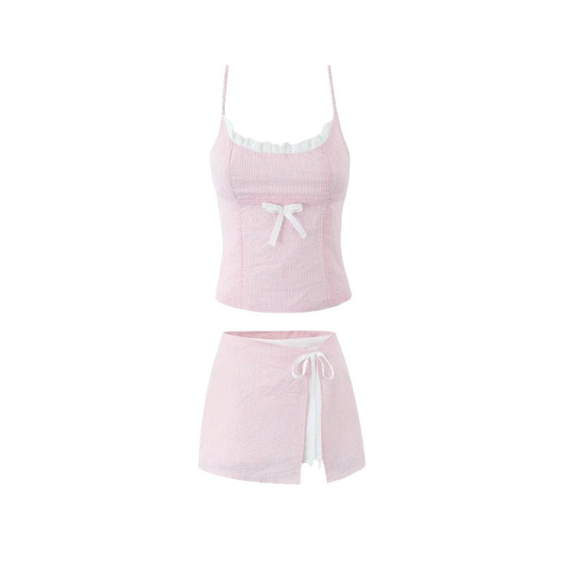 Serenya Lace Bow Camisole Set-Pink