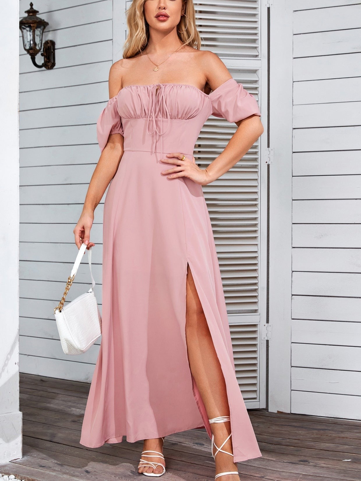 Arivelle Puff-Sleeve Slit Gown-Nude Blush